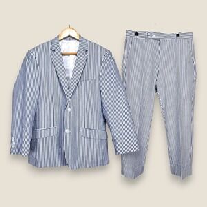 Alain Dupetit 2 Piece Suit Men 38S Slim Blue White Striped Cotton Blend 32x24